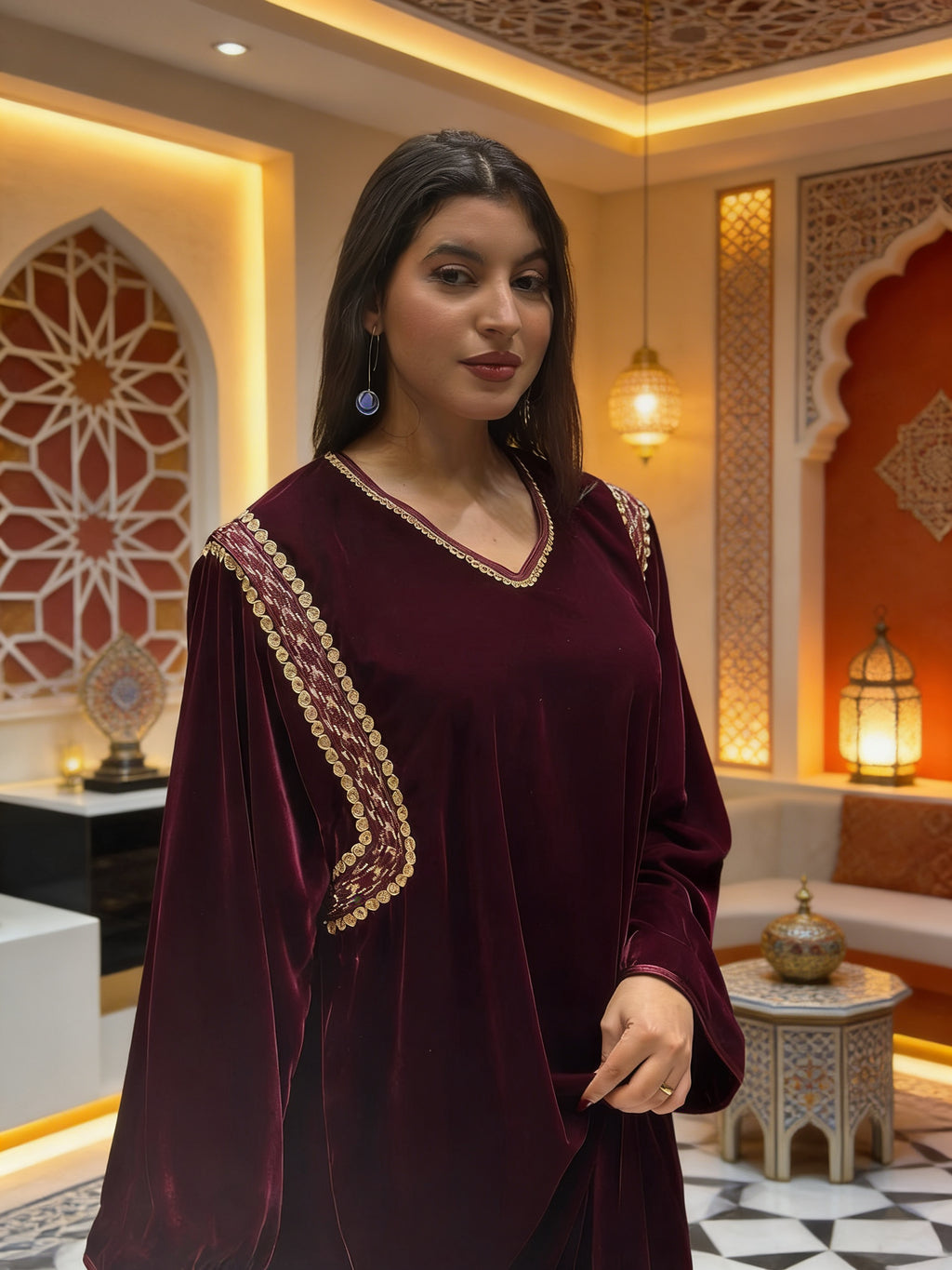 قفطان بلا حزام موبرا بوردو بالسفيفة و 4 فيل فصالة مخزنية